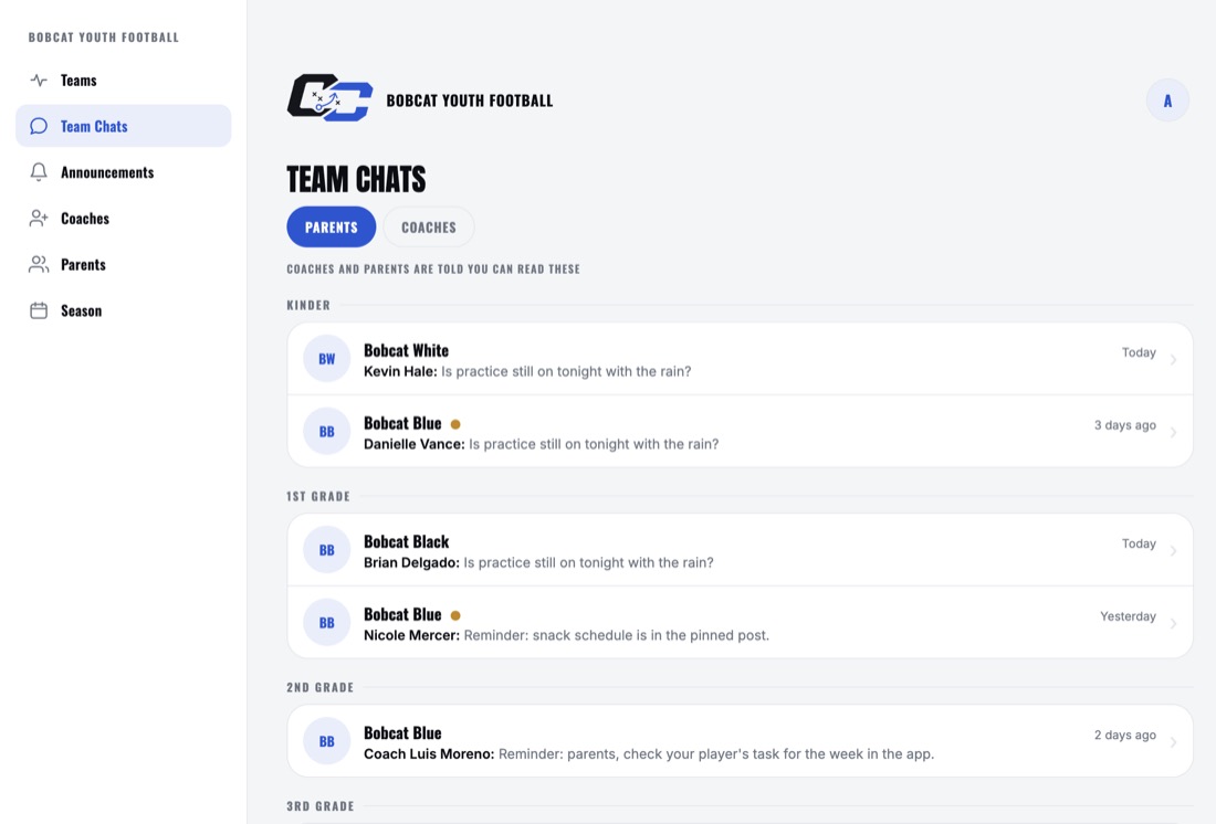 Team Chats: every team chat in the program grouped by grade, with the latest message on each