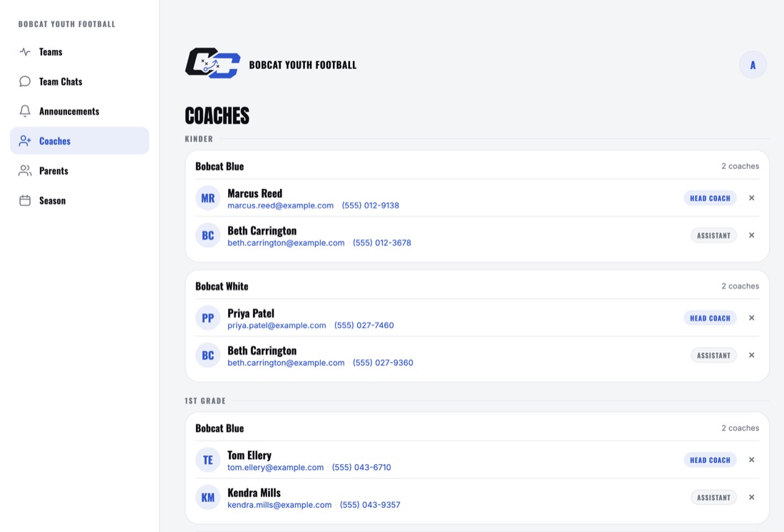 Coaches: head coach and assistant on every team, with email and phone, grouped by grade