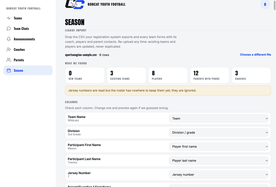 League Import: a registration CSV with each column's role detected, ready to form teams, coaches, players and parents