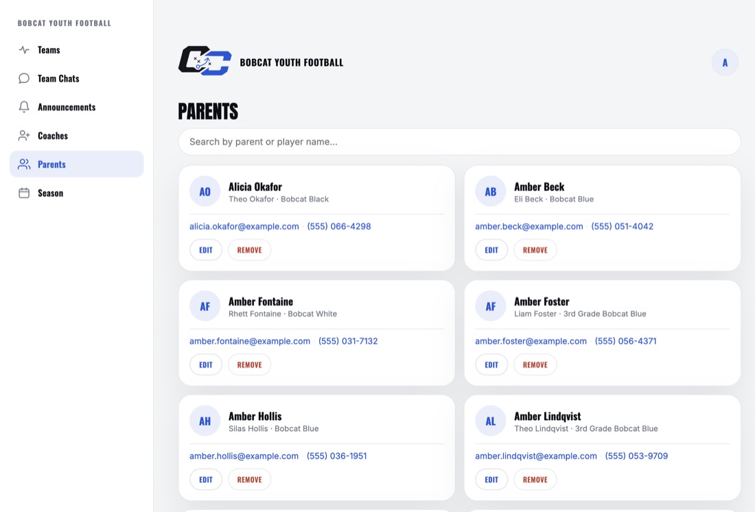Parents: a searchable card for every parent in the program with their player, team, email and phone