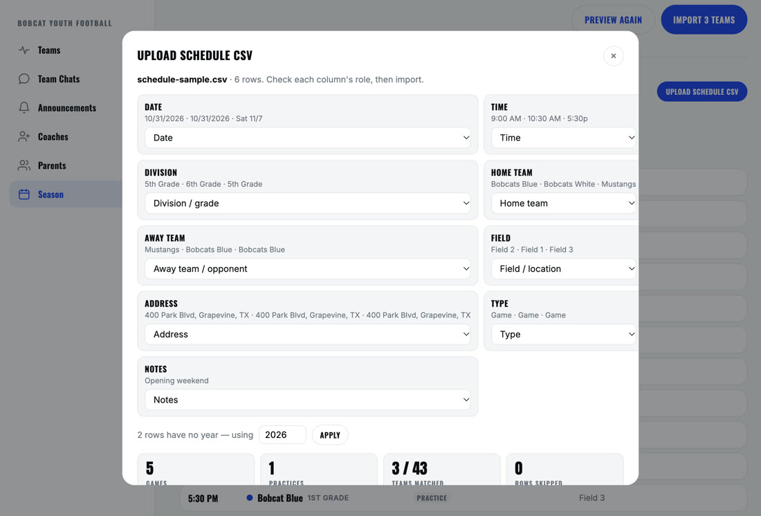 Schedule Import: one scheduler CSV matched to every team by name and grade, with unmatched rows listed